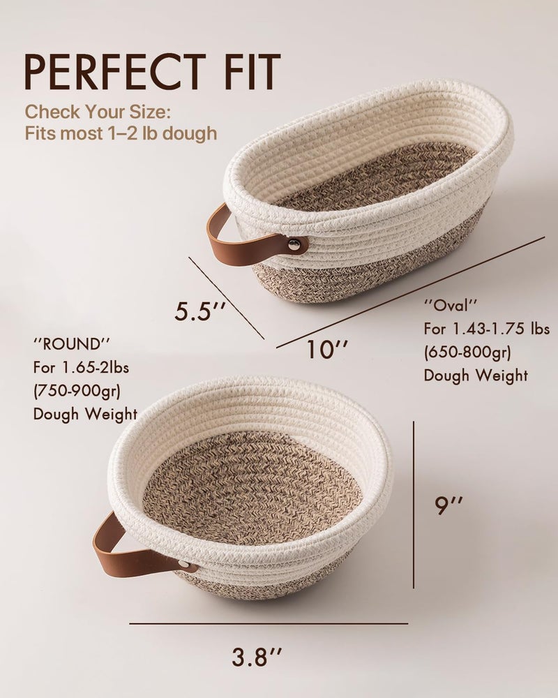 BARoyal Crispier Crust Cotton Rope Banneton Bread Proofing Basket Set, Oval & Round Bread Baskets with Liners & Covers for Artisan Bread Baking, Sourdough Bread Baking Supplies(White-Mixed Brown) - Image 3